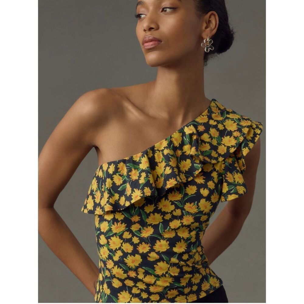 Anthropologie Maeve One-Shoulder Ruffled Top Yellow Size Small